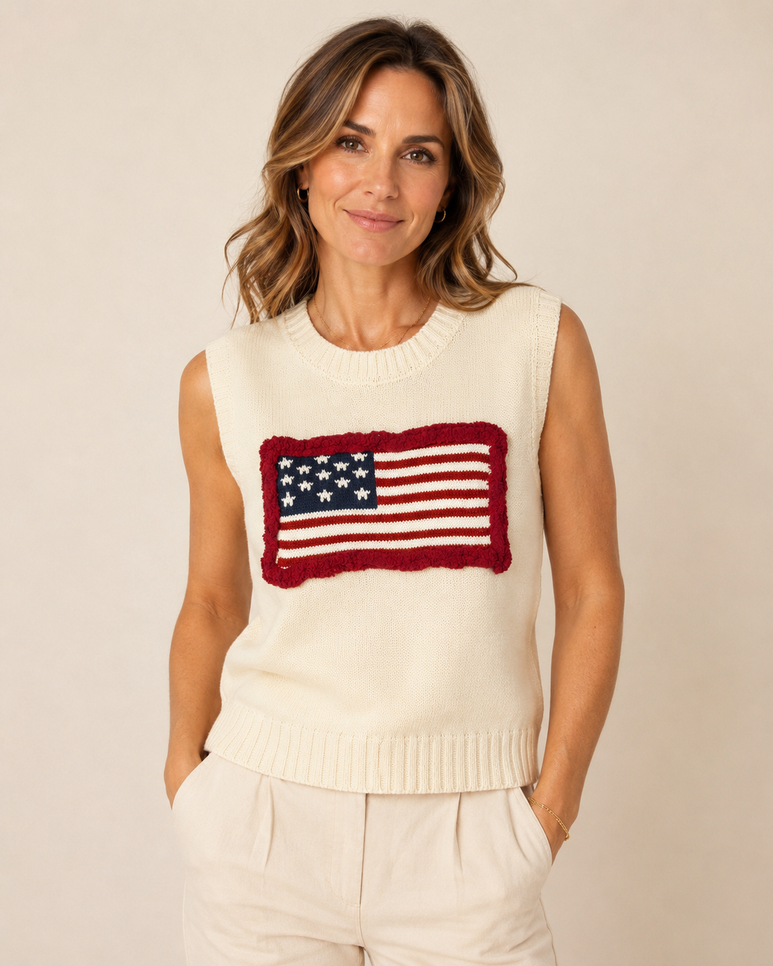Hand-Embellished Red Bordered Flag Sweater Vest by Trish
