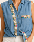 Hand-Embellished Golden Bloom Chambray Top by Trish - Size Small