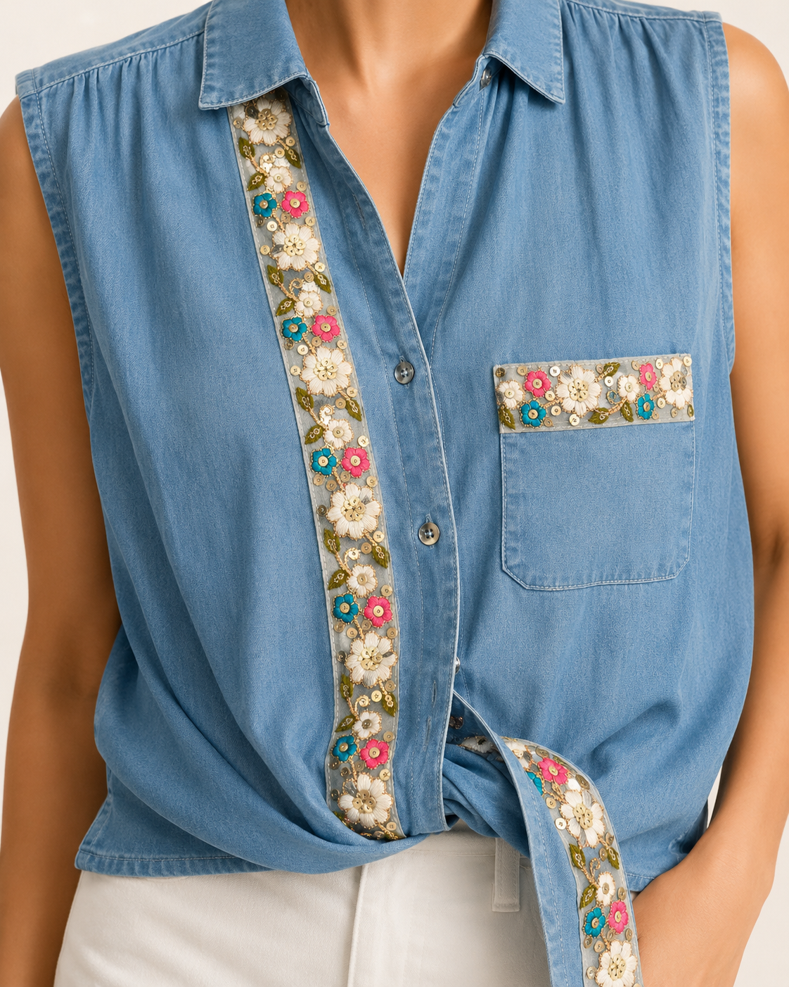Hand-Embellished Golden Bloom Chambray Top by Trish - Size Small