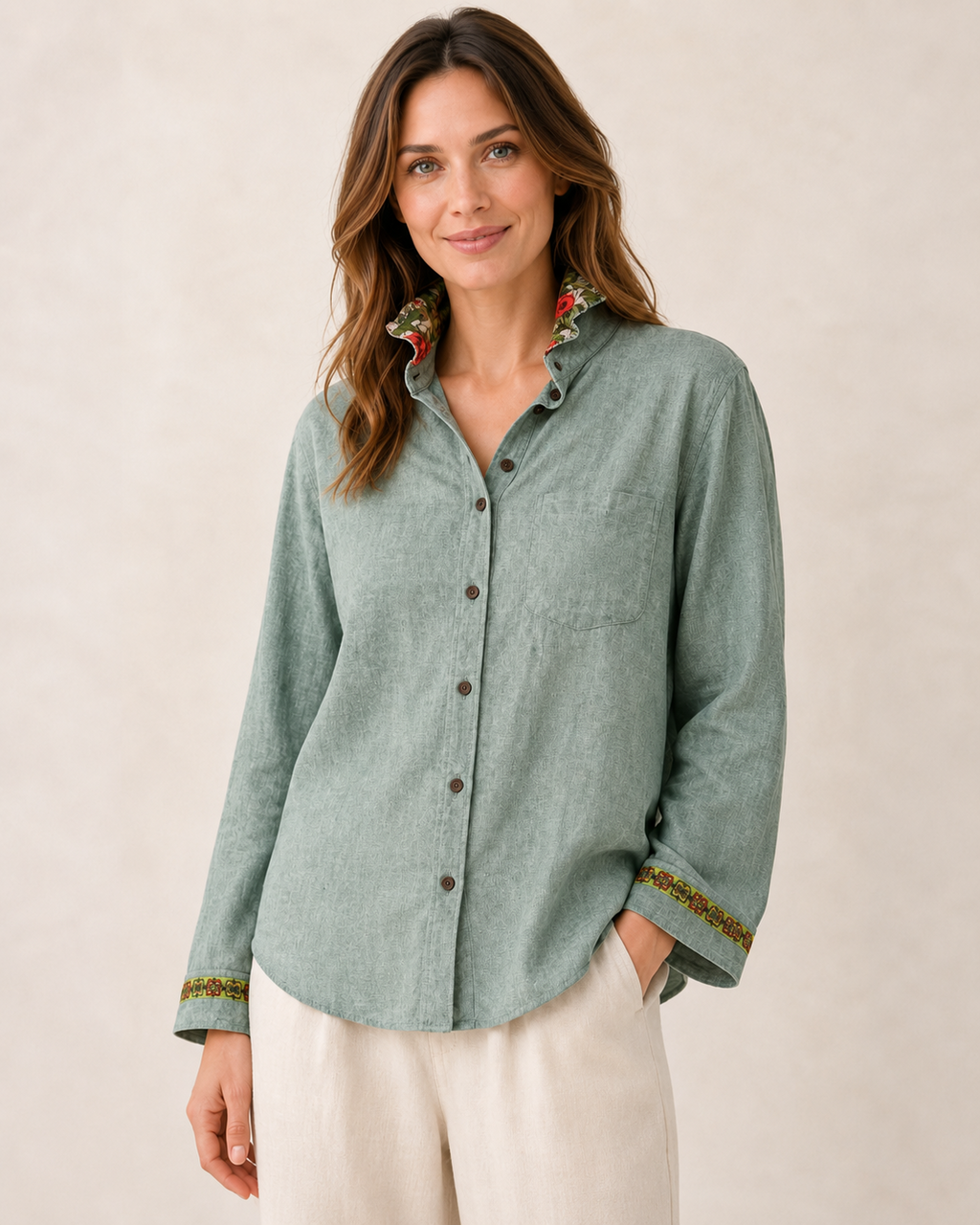 Sage Ruffle Collar Blouse Embellished by Trish - Size Small