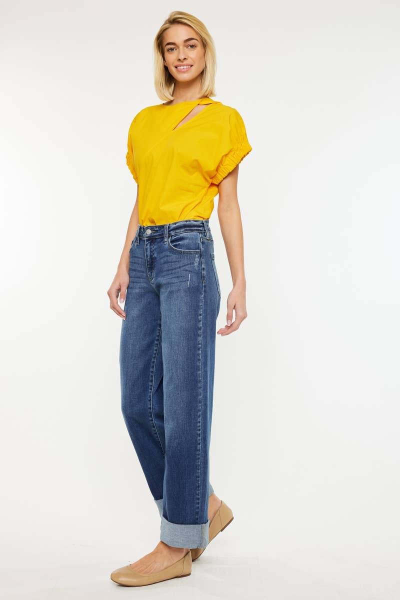 Kan Can Crater High Rise Wide Leg Cuff Jean