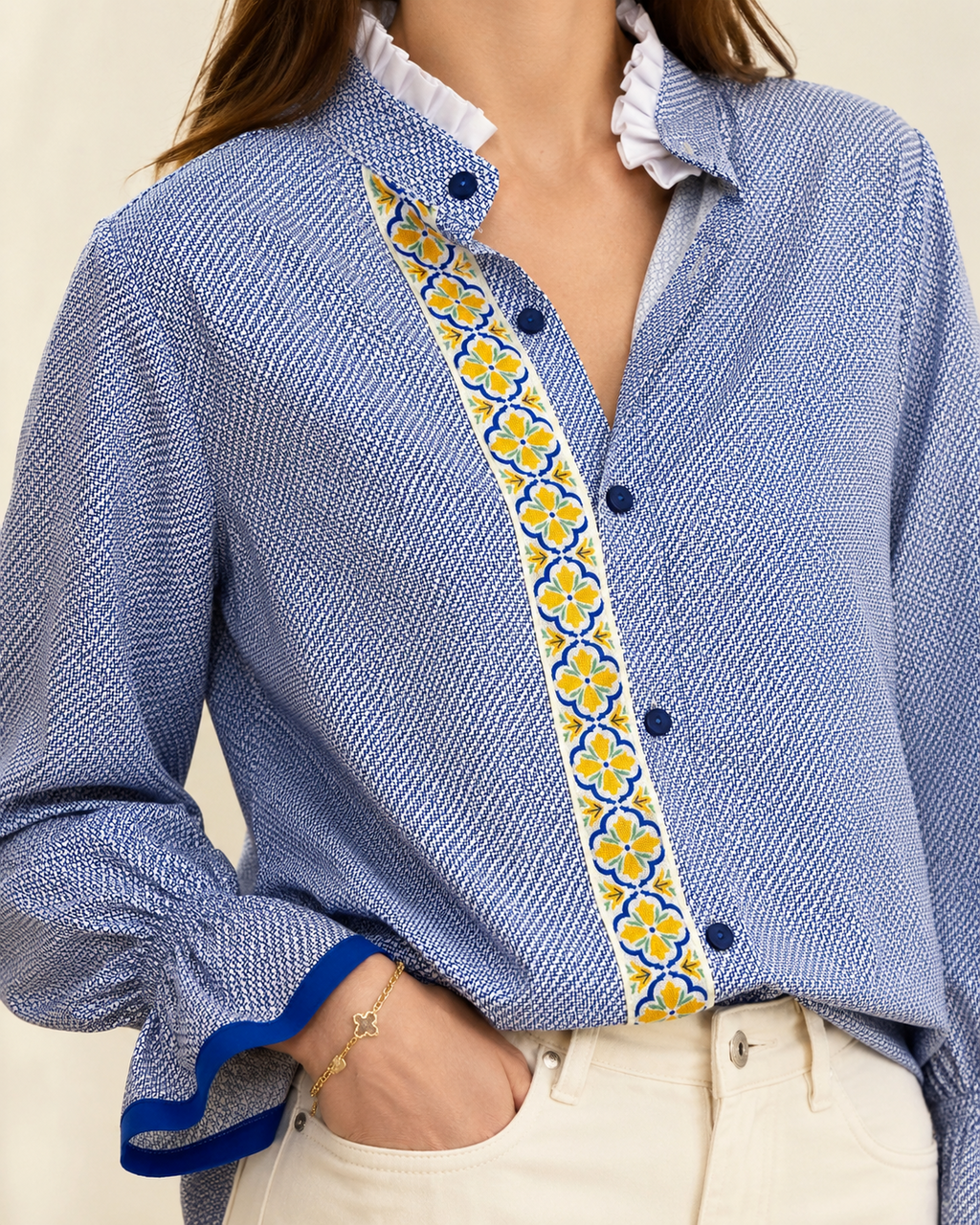 Geometric Blue Blouse with Floral Trim Embellished by Trish - Size Large