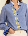 Geometric Blue Blouse with Floral Trim Embellished by Trish - Size Large