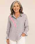 Hand-Embellished Pink Plaid Ruffle Cuff Blouse by Trish - Size Medium