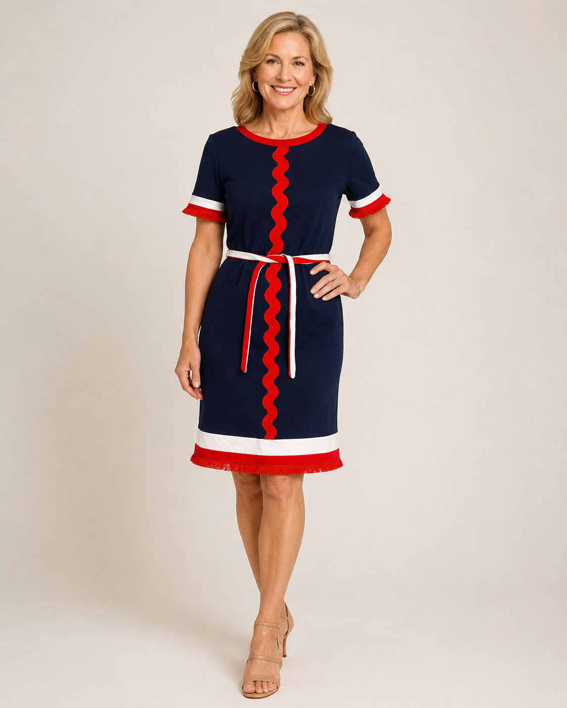 Hand-Embellished Short Sleeved Fourth of July Rick Rack Dress