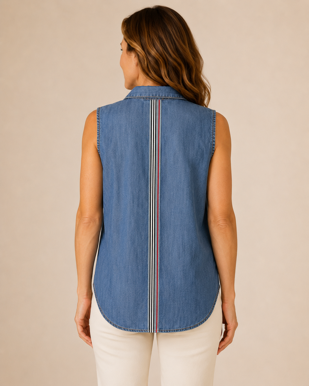Hand-Embellished American Striped Denim Chambray Blouse by Trish - Size XS