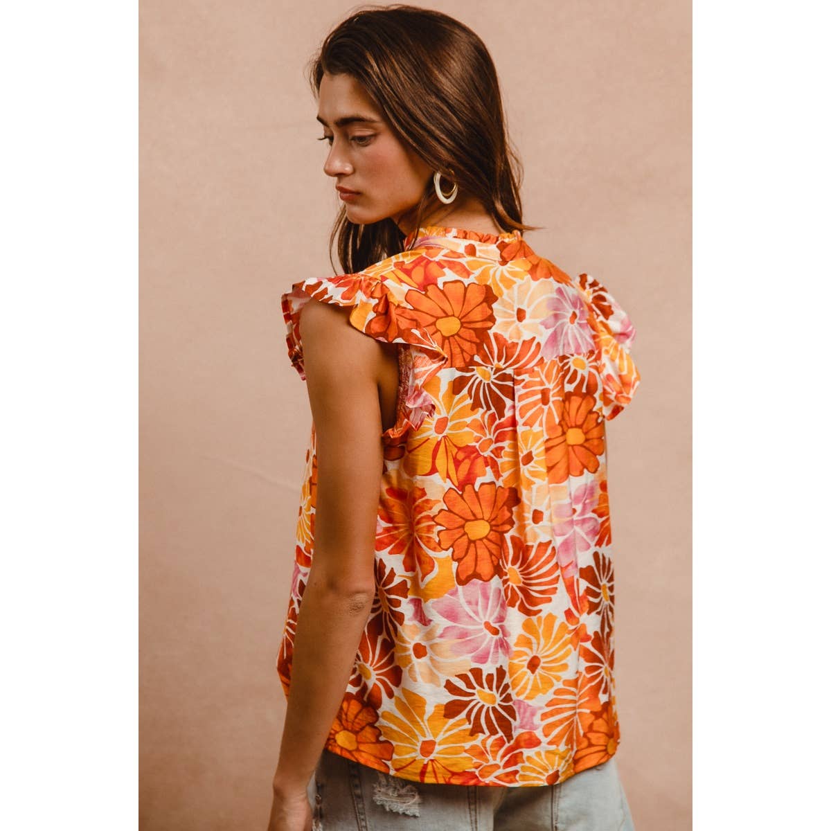 FLORAL PRINTS WOVEN RUFFLED V NECK TOP